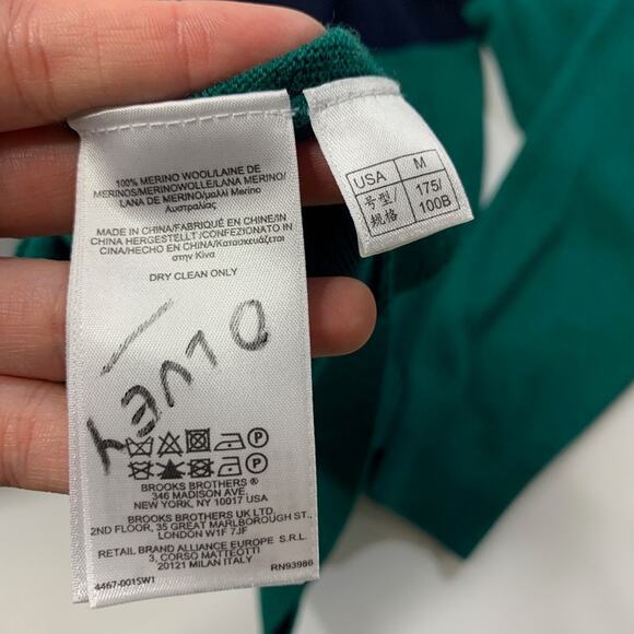 Brooks Brothers Sweater Mens M Navy Green Merino Wool V Neck Striped Pullover - Picture 9 of 12